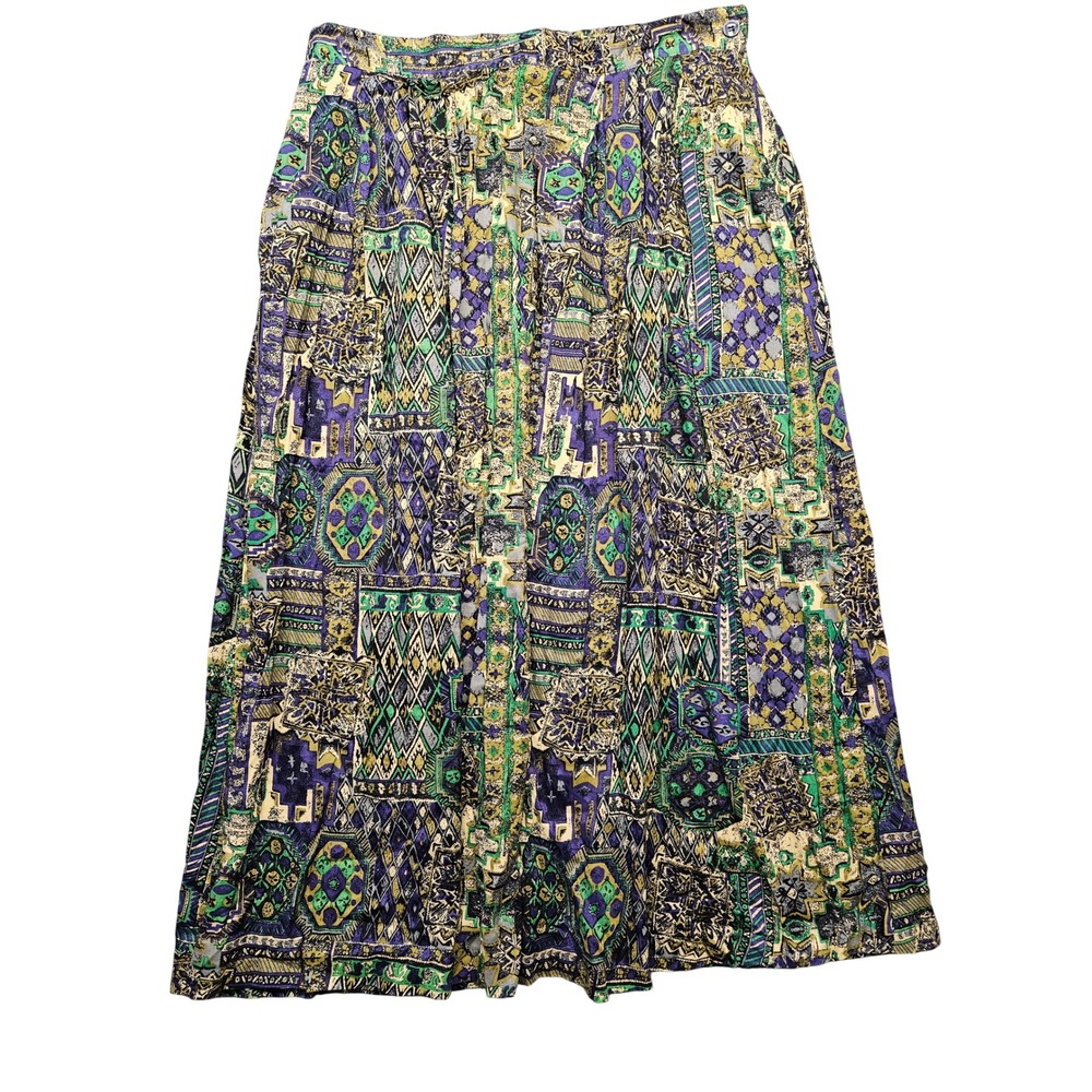 Vintage Russ Women 18 Purple Green Abstract Geometric Rayon Midi Skirt Pocket